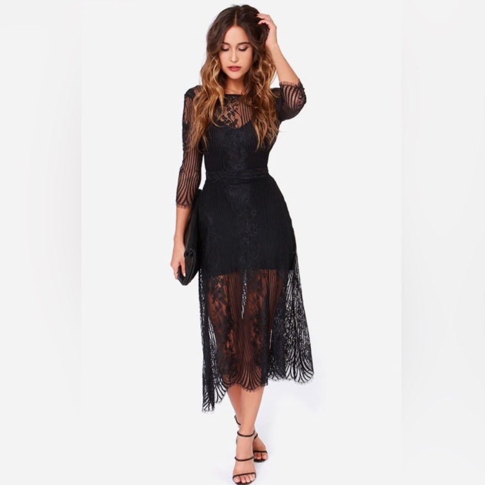 For Love And Lemons Black Lace Open Back Midi Dress